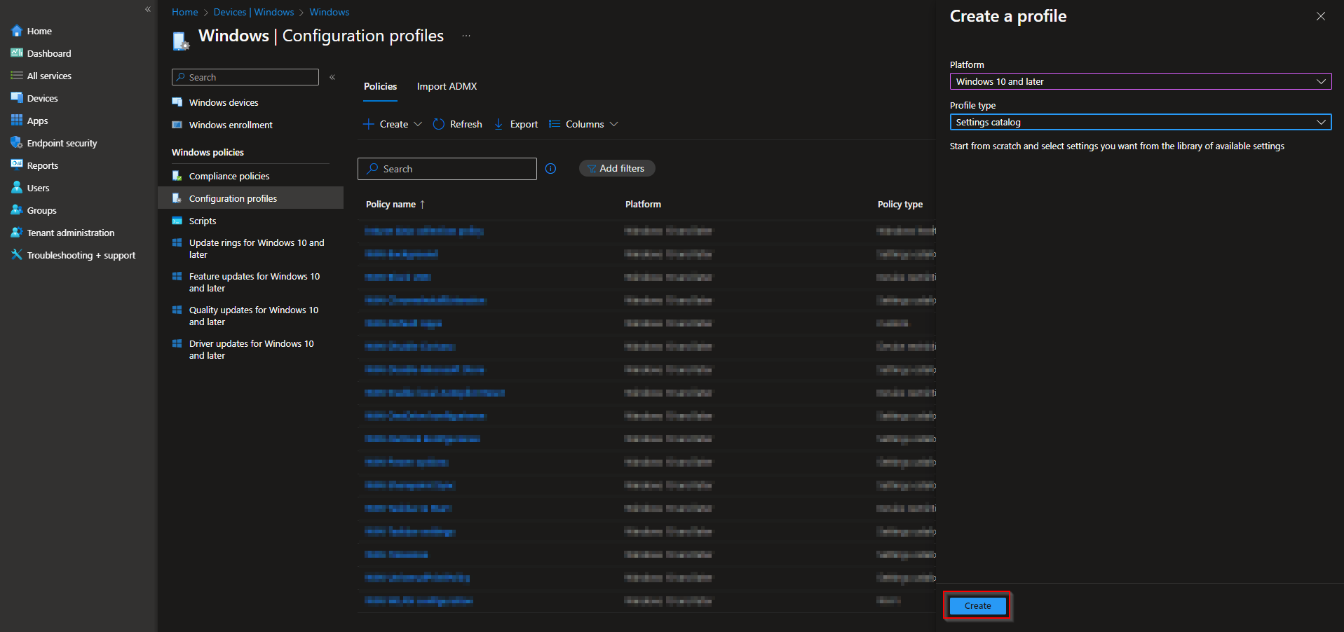 Creating a new configuration profile and selecting Settings catalog